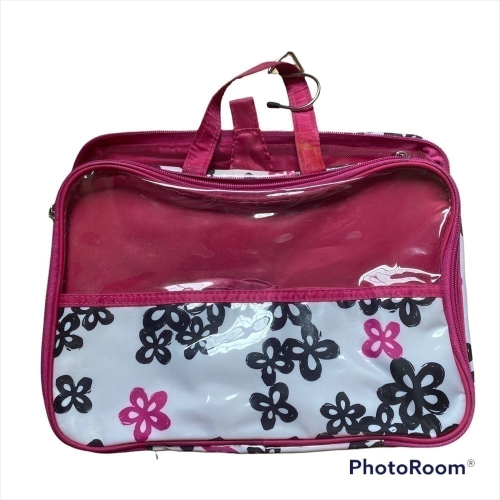 Floral Travel Toiletry Bag Pink Black Plastic Compartments Hanging